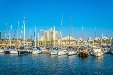 Tel Aviv, İsrail, 10 Eylül 2018: Tel Aviv marina görünümünü