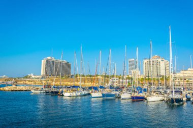 Tel Aviv, İsrail, 10 Eylül 2018: Tel Aviv marina görünümünü