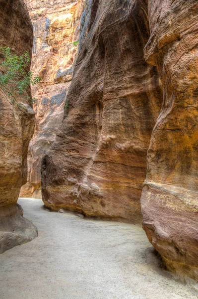 Cañón Siq que conduce a las antiguas ruinas de Petra, Jordania —  Fotos de Stock