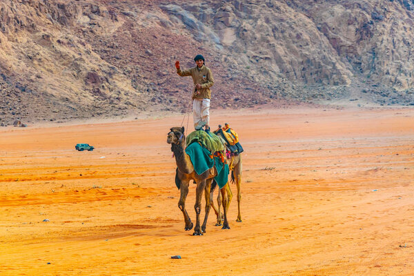 WADI RUM, JORDAN, JANUARY 5, 2019: A young bedouin standing on a