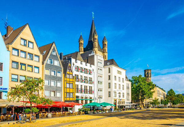 COLOGNE, GERMANY, AUGUST 11, 2018: Fischmarkt square and Saint martin church in cologne, Germany