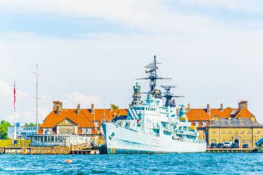 Kopenhag, Danimarka'da demirleyen deniz teknelerinin görünümü.