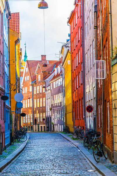 View of a narrow street in the central Copenhagen, Denmark.