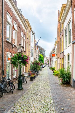 Leiden, Hollanda'da Pieterskerk'e giden dar sokak