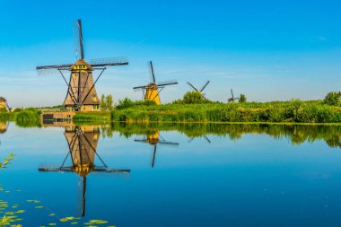 Kinderdijk yel değirmenleri güneşli yaz günü, Rotterdam sırasında görüntülenen, 