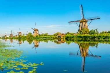Kinderdijk yel değirmenleri güneşli yaz günü, Rotterdam sırasında görüntülenen, 