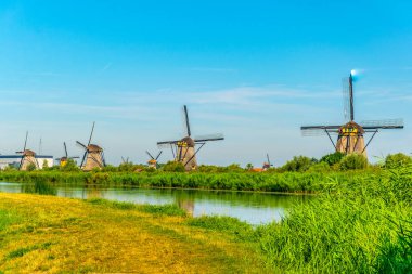 Kinderdijk yel değirmenleri güneşli yaz günü, Rotterdam sırasında görüntülenen, 