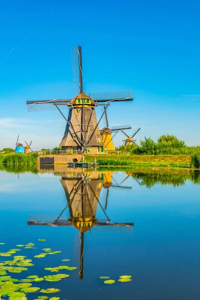 Moinhos de vento Kinderdijk vistos durante o dia ensolarado de verão, Rotterdam , — Fotografia de Stock