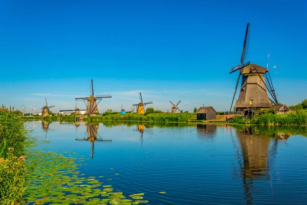 Moinhos de vento Kinderdijk vistos durante o dia ensolarado de verão, Rotterdam , — Fotografia de Stock