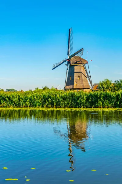 Moinhos de vento Kinderdijk vistos durante o dia ensolarado de verão, Rotterdam , — Fotografia de Stock