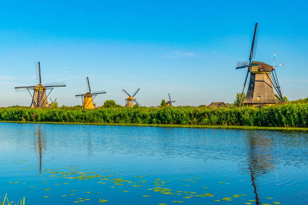 Kinderdijk windmills viewed during sunny summer day, Rotterdam, 