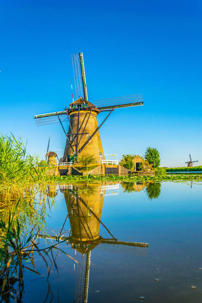 Kinderdijk windmills viewed during sunny summer day, Rotterdam, 