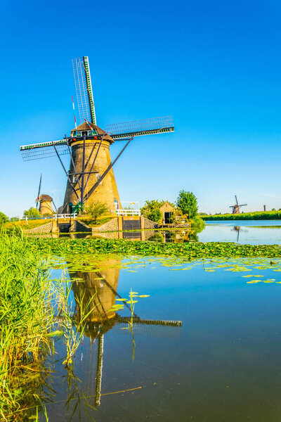 Kinderdijk windmills viewed during sunny summer day, Rotterdam, 