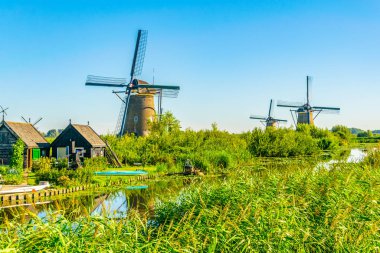 Kinderdijk yel değirmenleri güneşli yaz günü, Rotterdam sırasında görüntülenen, 