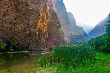 Wadi Shab in Oman is a popular place for visitors who want to freely swim in a remote oasis. clipart