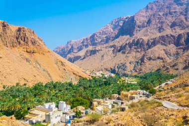 Umman Wadi Tiwi bir palmiye ormanı ile çevrili bir köyün havadan görünümü.
