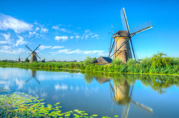 Kinderdijk windmills viewed during sunny summer day, Rotterdam, 