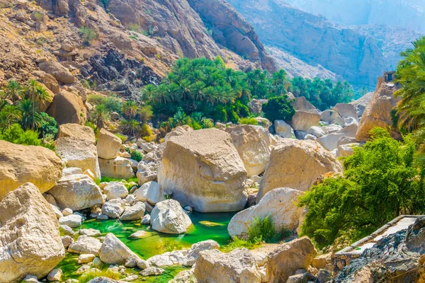 Wadi Tiwi in Oman is een natuurlijk wonder dat de stroom van turqoise-water combineert, weelderige palmen die aan de kust groeien en een diepe kloof met steile hellingen. — Stockfoto