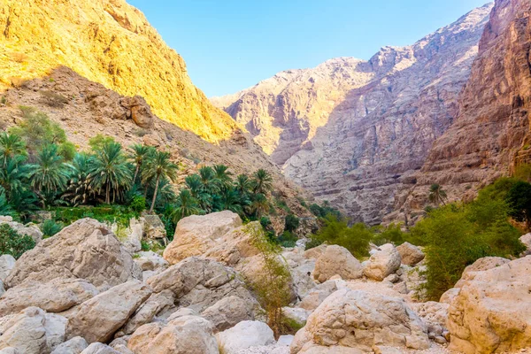 Wadi Shab em Omã é um lugar popular para os visitantes que querem nadar livremente em um oásis remoto . — Fotografia de Stock