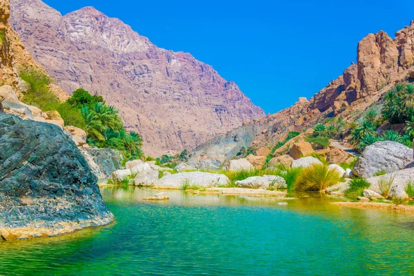 Lagoa com água turquesa em Wadi Tiwi em Omã . — Fotografia de Stock