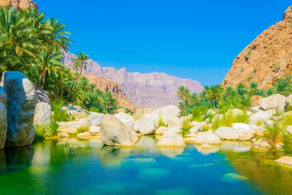Laguna con agua turquesa en Wadi Tiwi en Omán . — Foto de Stock