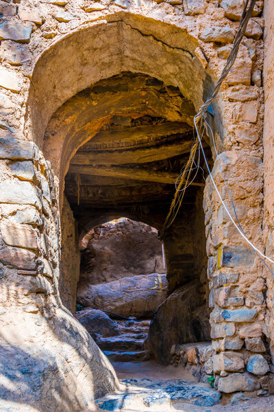 View of a narrow street of the Misfat al abriyeen village in Oman.