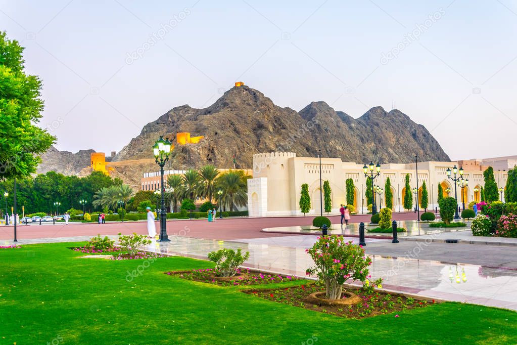 Watch tower overlooking the Aal Alam palace and the adjacent square in the old town of Muscat, Oman.