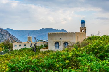 Umman'daki Cebrail Akhdar Dağı'ndaki Saiq Platosu'nda ağaçların arkasına gizlenmiş bir cami nin manzarası.