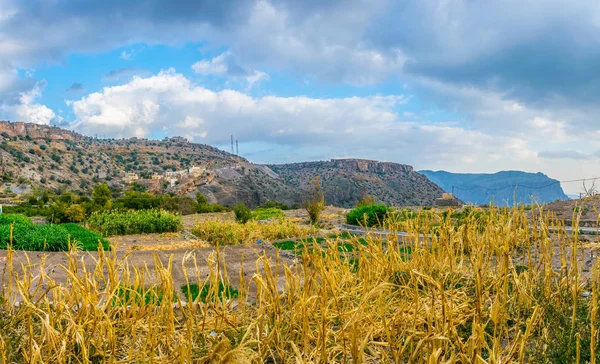 Uitzicht op kleine veld gelegen op de saiq plateau op de Jebel Akhdar berg in Oman. — Stockfoto