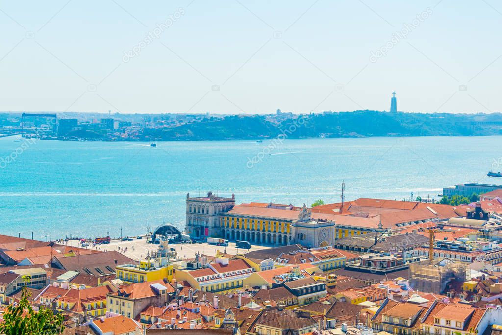Aerial view of praca do comercio square in Lisbon, Portugal.