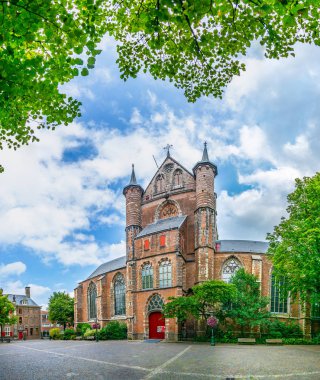 Leiden, Hollanda, 8 Ağustos 2018: Leiden Pieterskerk'e giden dar sokak, Hollanda
