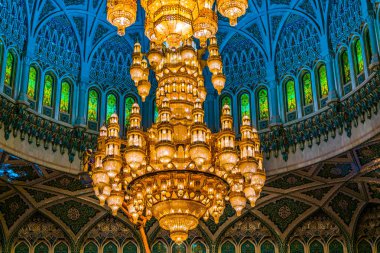 MUSCAT, OMAN, NOVEMBER 1, 2016: Chandelier of the Sultan Qaboos Grand Mosque in Muscat, Oman