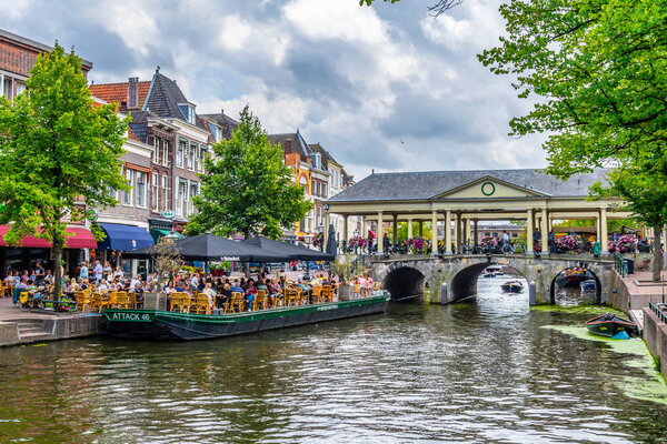 LEIDEN, NETHERLANDS, AUGUST 8, 2018: View of Koornbrug bridge in