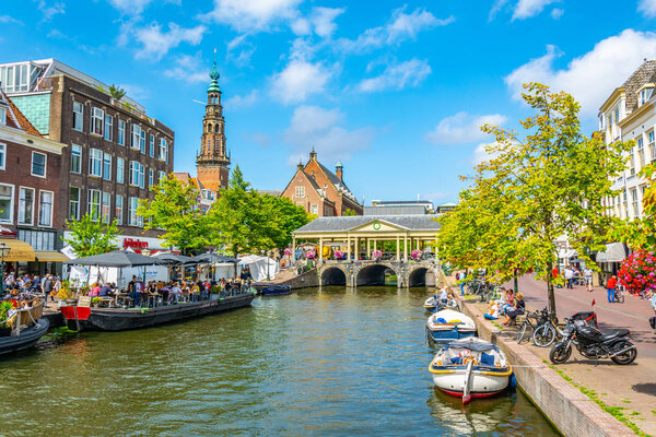 LEIDEN, NETHERLANDS, AUGUST 8, 2018: View of Koornbrug bridge in