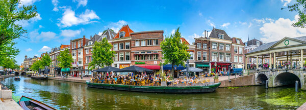 LEIDEN, NETHERLANDS, AUGUST 8, 2018: View of Koornbrug bridge in Leiden, Netherlands