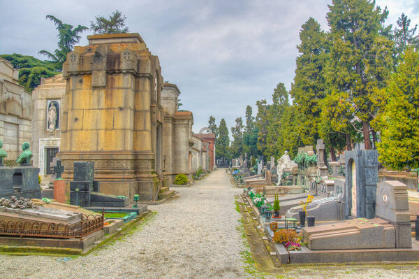 MILANO, ITALY, JANUARY 2, 2018: View of tombs and graves inside of the Cimitero monumentale in Milano, Italy