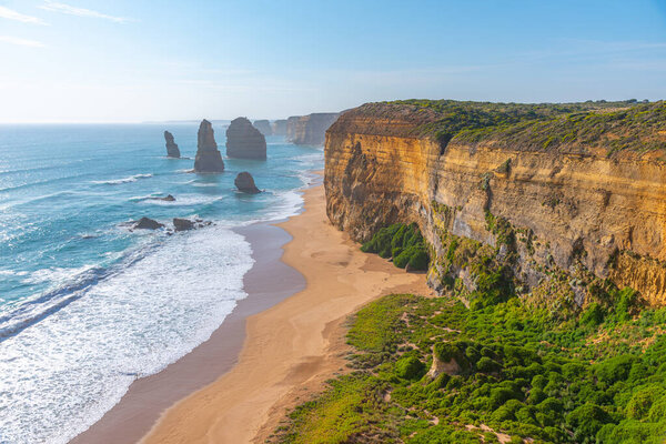 Twelve apostles rock pillars at Port Campbell national park viewed during sunset, Australia