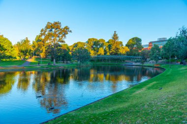 Adelaide, Avustralya 'daki Torrens nehrinin yanına park et.
