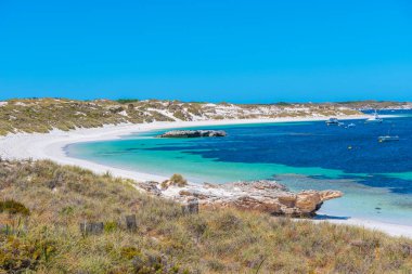 Avustralya 'daki Rottnest Adası' ndaki Stark körfezine demir atmış tekneler.