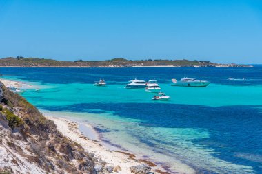 Avustralya 'nın Rottnest adasındaki Porpoise körfezinde demirleyen tekneler.