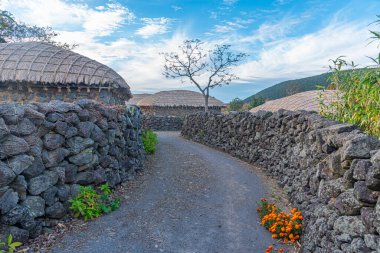Kore Cumhuriyeti Jeju Stone Parkı 'nda geleneksel binalar.