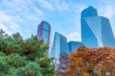 Kore 'nin Seul şehrindeki Yeouido adasının merkezinde gökdelenler.