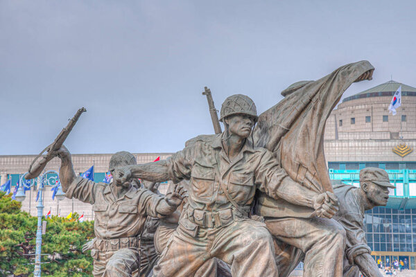 Statue of soliders in front of the War Memorial of Korea in Seoul, Republic of Korea