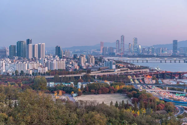 Tramonto Vista Aerea Del Centro Seoul Dal Parco Haneul Repubblica — Foto Stock