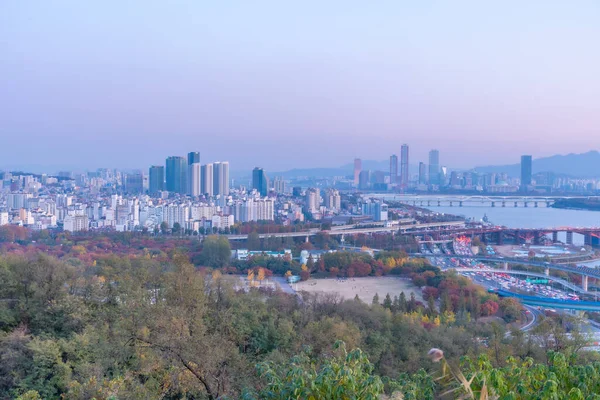 Tramonto Vista Aerea Del Centro Seoul Dal Parco Haneul Repubblica — Foto Stock