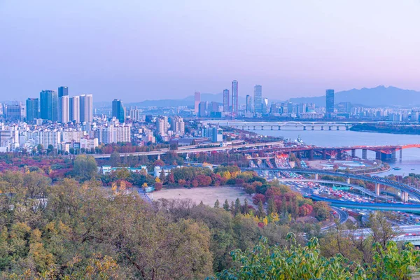 Letecký Pohled Západ Slunce Centru Soulu Parku Haneul Korejská Republika — Stock fotografie