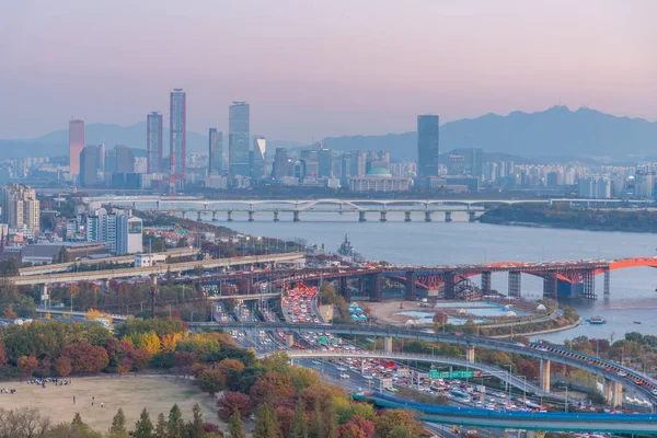 Zonsondergang Luchtfoto Van Het Centrum Van Seoul Van Haneul Park — Stockfoto