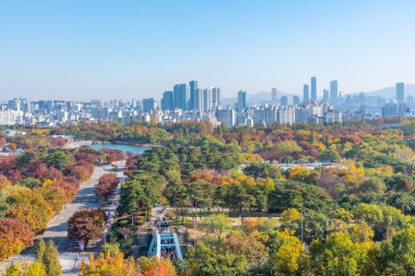 Seul şehir merkezi Kore Cumhuriyeti Barış Parkı 'nın arkasında görülüyor.