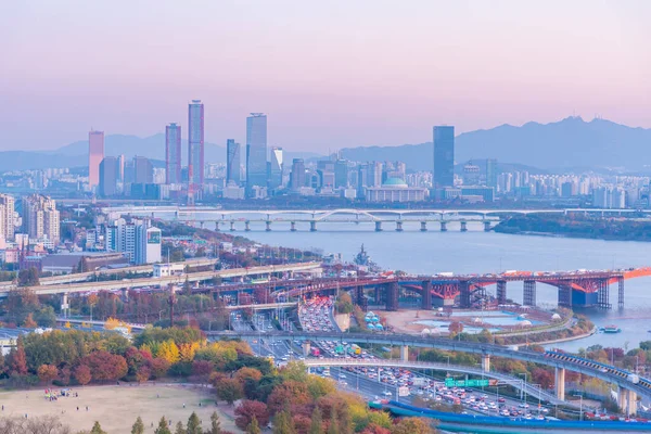 Tramonto Vista Aerea Del Centro Seoul Dal Parco Haneul Repubblica — Foto Stock