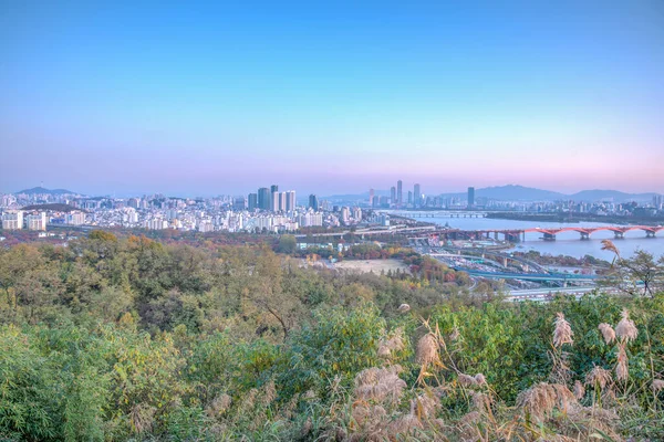 Tramonto Vista Aerea Del Centro Seoul Dal Parco Haneul Repubblica — Foto Stock